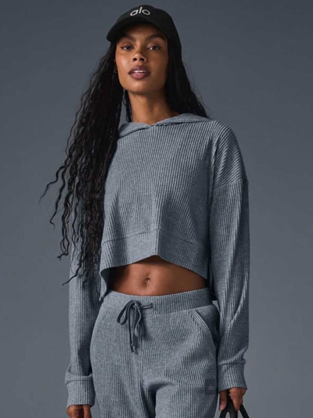 Alo Yoga Muse Hoodie Ribbed Cropped Sweatshirt Steel Grey Small